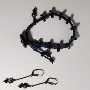JUST REDUCED!  New Artisan Hand Beaded Blue Czech Glass/Brass Bracelet/Earrings